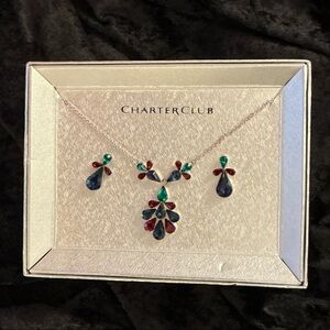 Charter Club Red, Blue, and Green Teardrop Necklace and Earring Set
